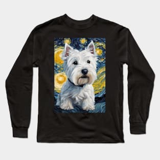 Cute West Highland White Terrier Dog Breed Painting in a Van Gogh Starry Night Art Style Long Sleeve T-Shirt